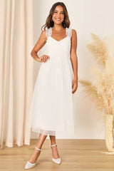 Forever Celebrated White Swiss Dot Ruched Tulle Midi Dress