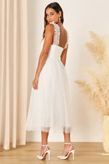 Forever Celebrated White Swiss Dot Ruched Tulle Midi Dress