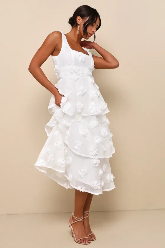 Exceptional Entrance White Sleeveless Tiered Rosette Midi Dress