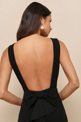 Exquisite Refinement Black Backless Bow Ruffled Maxi Dress