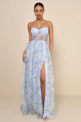 Charming Sweetness Periwinkle Floral Organza Bustier Maxi Dress