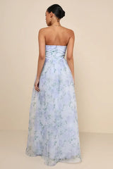 Charming Sweetness Periwinkle Floral Organza Bustier Maxi Dress