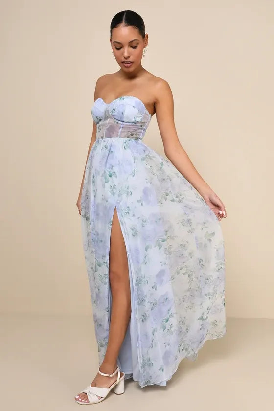Charming Sweetness Periwinkle Floral Organza Bustier Maxi Dress