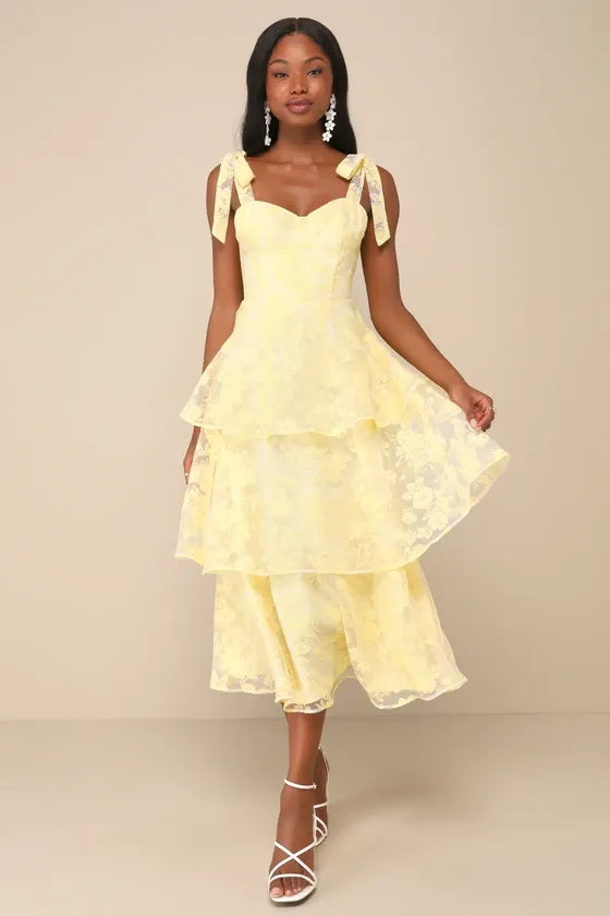 Glamorous Sweetie Yellow Burnout Tie-Strap Bustier Midi Dress