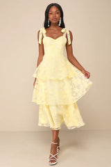 Glamorous Sweetie Yellow Burnout Tie-Strap Bustier Midi Dress