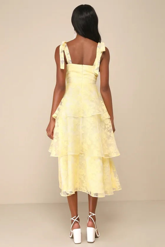 Glamorous Sweetie Yellow Burnout Tie-Strap Bustier Midi Dress