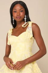 Glamorous Sweetie Yellow Burnout Tie-Strap Bustier Midi Dress