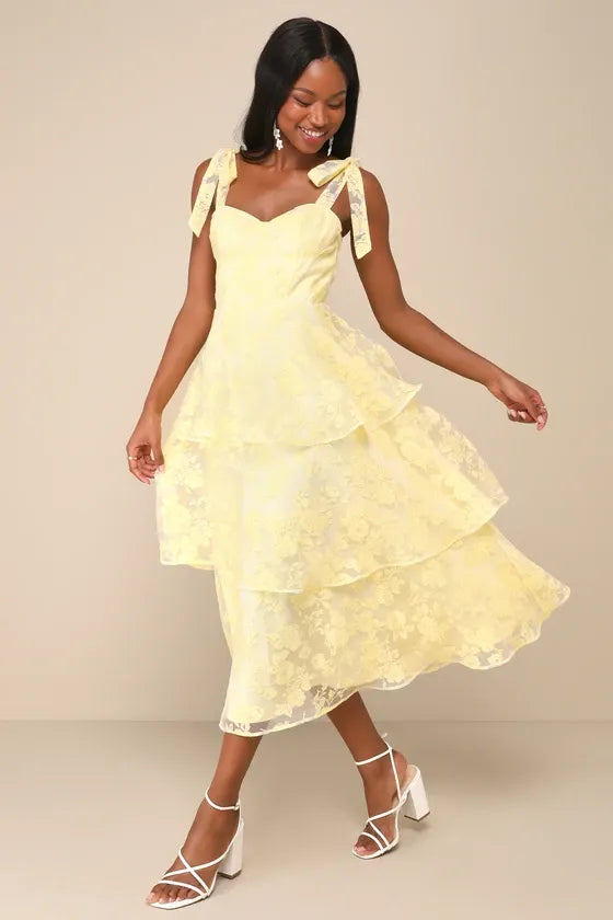 Glamorous Sweetie Yellow Burnout Tie-Strap Bustier Midi Dress