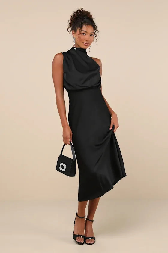 Distinctive Charm Black Satin Asymmetrical Midi Dress