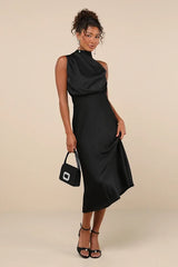 Distinctive Charm Black Satin Asymmetrical Midi Dress