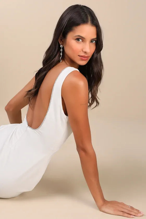Timeless Poise White Rhinestone Square Neck Backless Maxi Dress