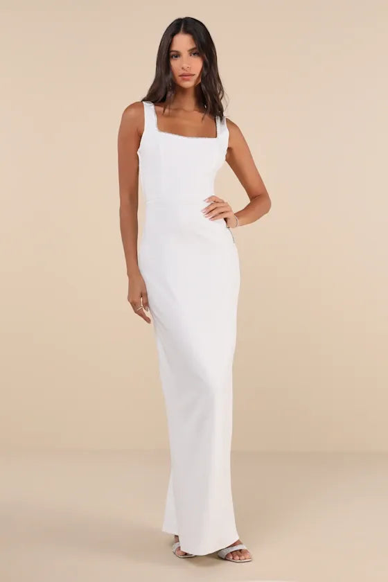 Timeless Poise White Rhinestone Square Neck Backless Maxi Dress