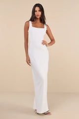Timeless Poise White Rhinestone Square Neck Backless Maxi Dress