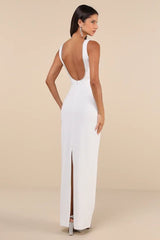 Timeless Poise White Rhinestone Square Neck Backless Maxi Dress