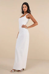 Timeless Poise White Rhinestone Square Neck Backless Maxi Dress