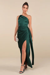 Signature Elegance Emerald Satin One-Shoulder Maxi Dress