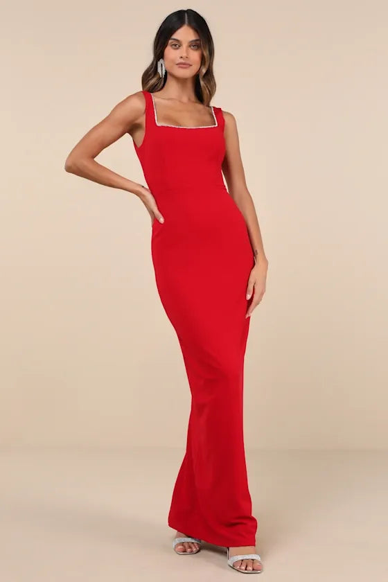 Timeless Poise Red Rhinestone Square Neck Backless Maxi Dress