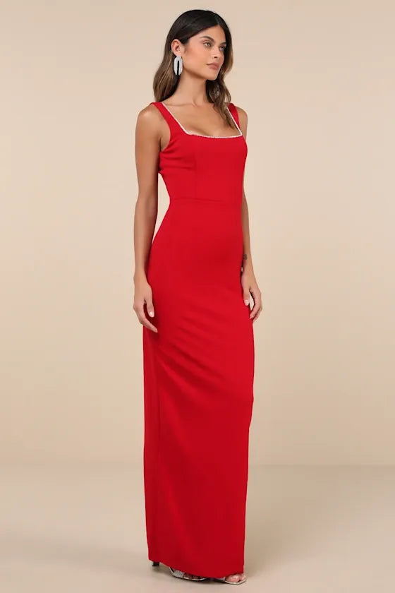 Timeless Poise Red Rhinestone Square Neck Backless Maxi Dress