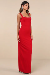 Timeless Poise Red Rhinestone Square Neck Backless Maxi Dress