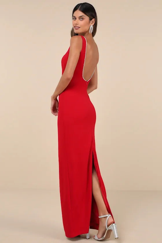 Timeless Poise Red Rhinestone Square Neck Backless Maxi Dress
