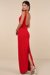 Timeless Poise Red Rhinestone Square Neck Backless Maxi Dress