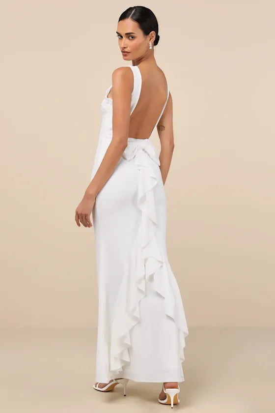 Exquisite Refinement Ivory Backless Bow Ruffled Maxi Dress