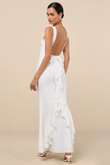 Exquisite Refinement Ivory Backless Bow Ruffled Maxi Dress