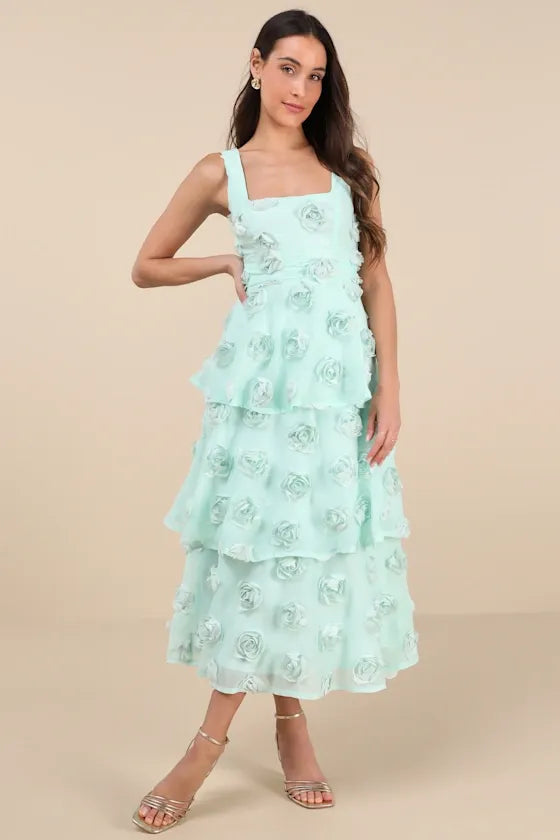 Exceptional Entrance Mint Sleeveless Tiered Rosette Midi Dress