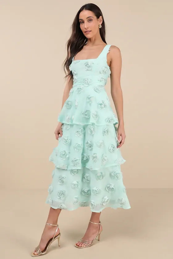 Exceptional Entrance Mint Sleeveless Tiered Rosette Midi Dress