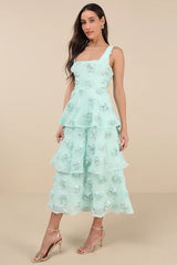 Exceptional Entrance Mint Sleeveless Tiered Rosette Midi Dress
