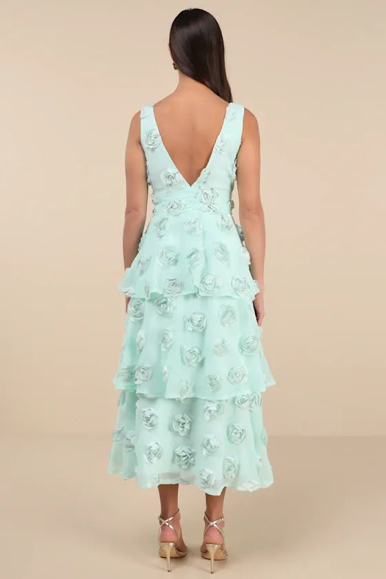 Exceptional Entrance Mint Sleeveless Tiered Rosette Midi Dress