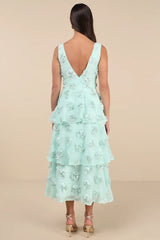 Exceptional Entrance Mint Sleeveless Tiered Rosette Midi Dress