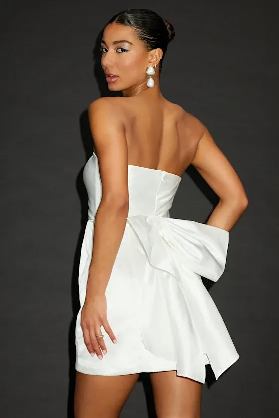 Soiree Hour White Satin Strapless Bow Mini Dress