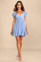 Amalfi Coast Light Blue Pleated Flutter Sleeve Mini Dress