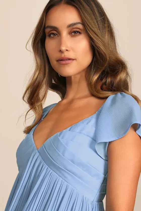 Amalfi Coast Light Blue Pleated Flutter Sleeve Mini Dress