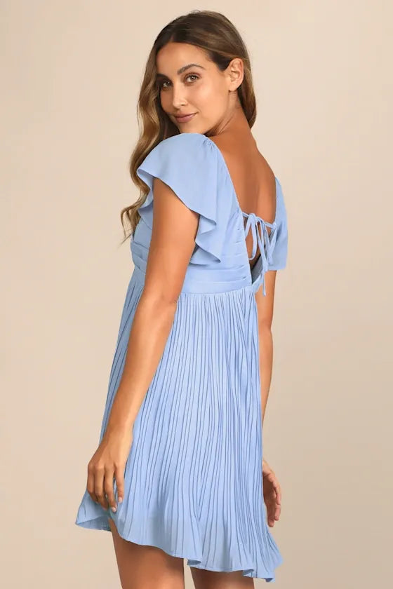 Amalfi Coast Light Blue Pleated Flutter Sleeve Mini Dress