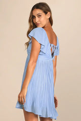 Amalfi Coast Light Blue Pleated Flutter Sleeve Mini Dress