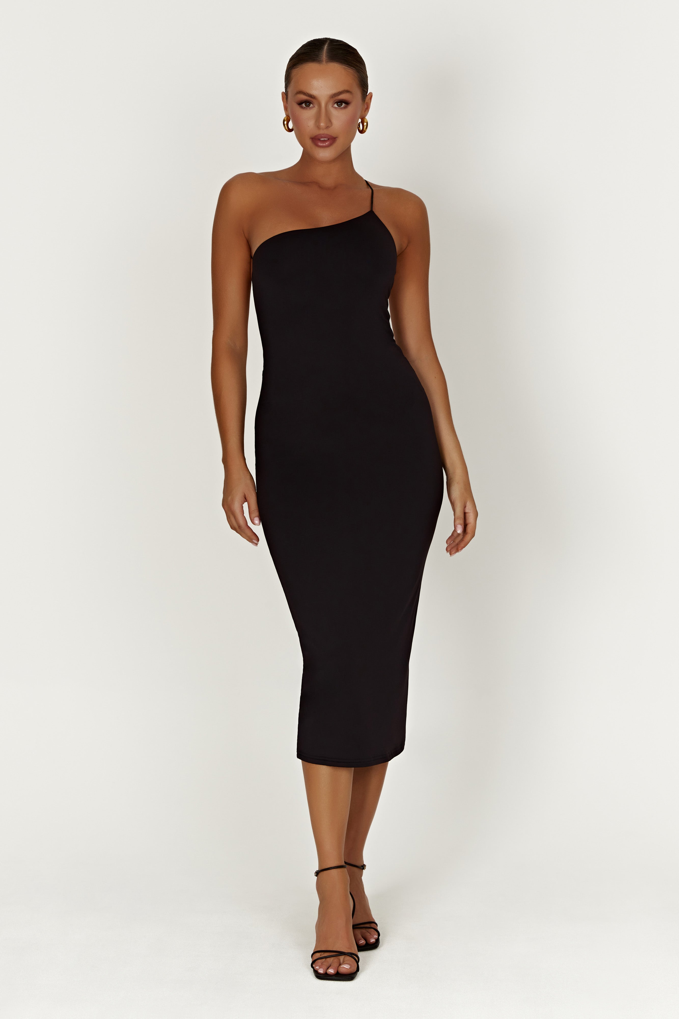 Rosalind Recycled Nylon One Shoulder Midi Dress - Black