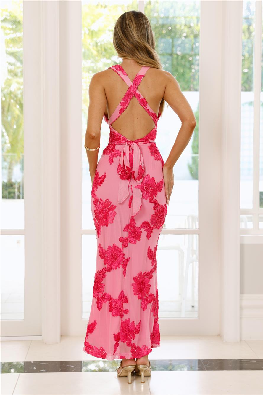 Lime Light Mesh Halter Maxi Dress Pink