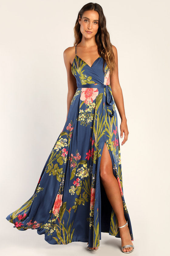 Still the One Blue Floral Print Satin Maxi Dress