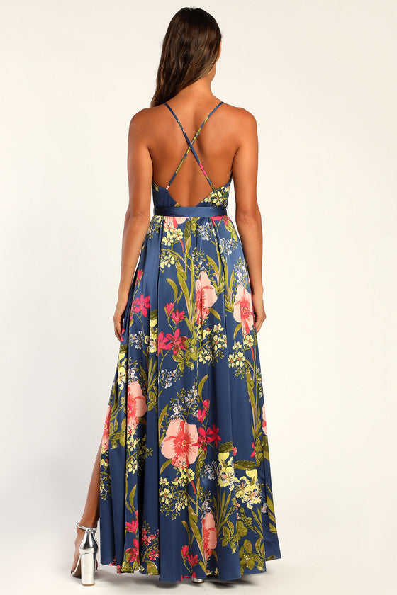Still the One Blue Floral Print Satin Maxi Dress